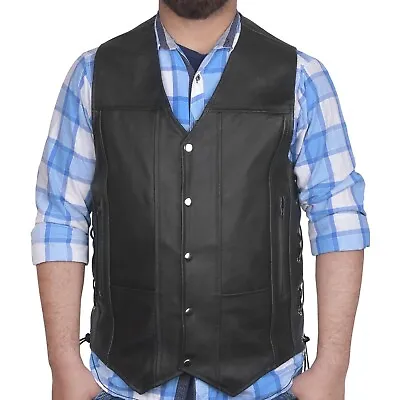 DEFY Men's Black Genuine Leather 10 Pockets Motorcycle Biker Vest XS To 12XL • $34.99