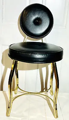 Vintage MCM Gold Brass Metal Vanity Stool Seat With Black Faux Leather Cushion • $65