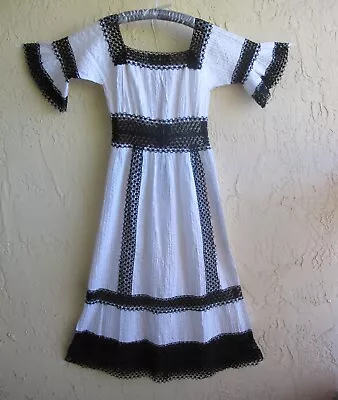 VTG  60s 70s  Mexican  Pintuck  Folklore Dress   Black Crochet On White S M • $149.99