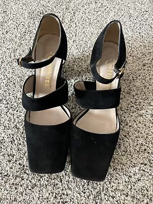 Chanel Women’s Shoes Heels Suede Black Block Heel Square Toe  37.5 VINTAGE • $300