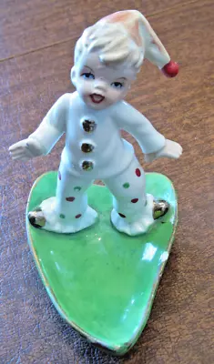 Vintage 1950s 4.5  Japan Pixie Boy Polka Dot Clown Ceramic Figurine Hand Painted • $1.99