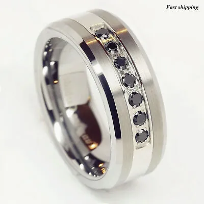 8mm Black/Silver Tungsten Carbide Ring Inlay Comfort Fit ATOP MEN Wedding Band • $22.29