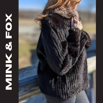 Black Mink Fur Coat Jacket Natural Fox Collar Pristine Vintage Size Large • $560
