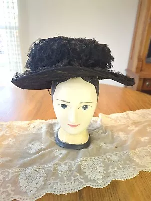 Antique Edwardian Titanic 19teens WW1 Era Black Horsehair Hat • $60