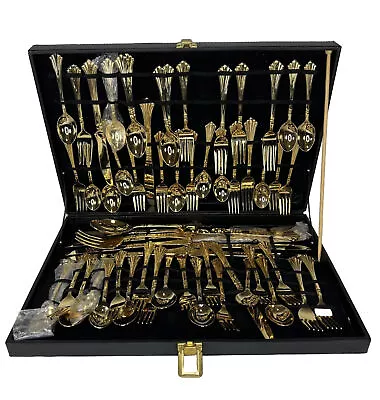 Vintage WM Rogers & Son 61 Pc GOLD Plate Silverware Set Royal Plume W/ Case • $74.99