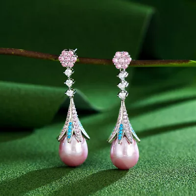 Charming Silver Plated CZ Women Long Round Flower Pink Pearl Dangle Drop Earring • $7.99