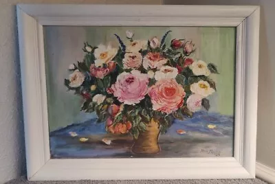 Vtg Oil Painting Of Roses  Mrs. Harris 1954  French Country Decor Mother's Day • $58.75