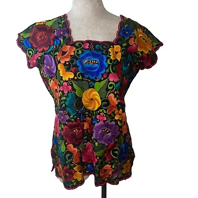 Mexican Huipil Womens Blouse Size 40 Multicolor Floral Fully Embroidered • $224.36