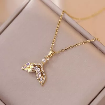 Gold Titanium Mermaid Fish Tail Flower Pearl Shell CZ Pendant Chain Necklace • $11.99