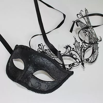 Men Women Couple Black Laser Cut Filigree Mask And Black Venetian Mask New • $10.99