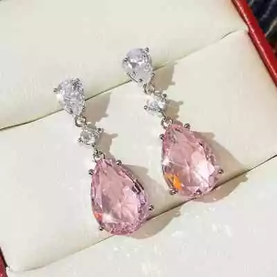 1.25'   Long Pink Teardrop Rhinestone Crystal Prom Pageant Earrings Drop Dangle • $13.95