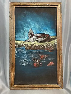 Vintage Native American Reflecting Wolf Velvet Painting 13.5x22  Made In Mexico • $21.99