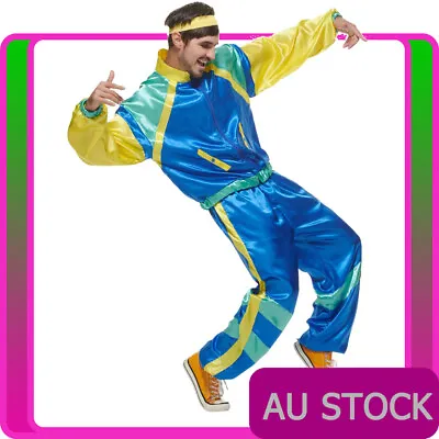 Mens 80s Costume Blue Retro Neon Height Fashion Scouser 1980s 80's Tracksuit • $46.99