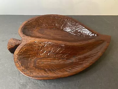 Vintage Solid Wood Hand Carved Divided Leaf Tray 14” Heavy • $25.99