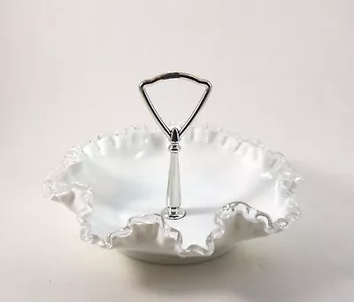 Candy Dish Bowl W/ Silver Finished Handle White Milk Glass Clear Ruffles • $14.99