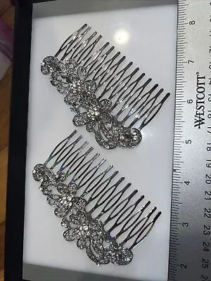 Set Of 2 Vintage 3.5” Silver Metal Rhinestone Flower Bridal Hair Clip Combs • $24