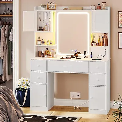 Large Vanity Desk With Mirror LED Makeup Table With Charging Station & Drawers • $259.89