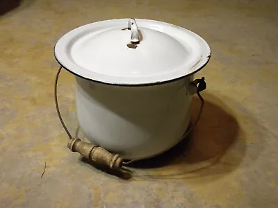 1 BROKE LID HANDLE Vintage 7-1/2 White Enamel Slop Milk Bucket Pail Can With Lid • $29.99