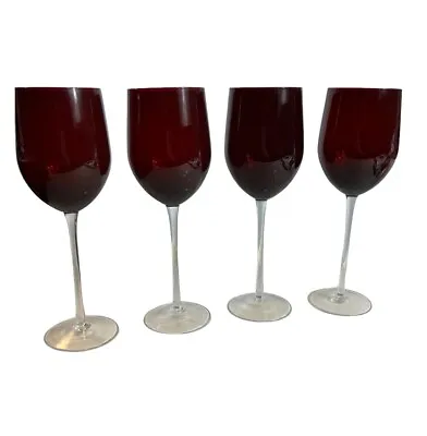 Vintage Ruby Red Wine Glasses Set Of 4 Clear Stem Christmas Valentines 9.25” • $31.16