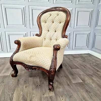£229.99 • Buy Antique Victorian Style Button Back Chair Fireside Carved Armchair French Louis