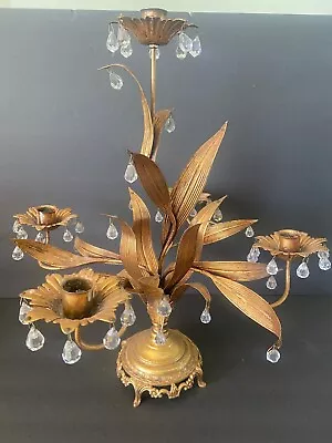 Vtg Hollywood Regency Style Crystal Candleabrum Brass Tone Leaves  Candle Holder • $225