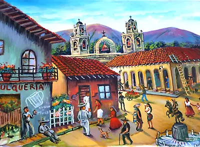 Pulqueria Beer Tavern Mexican Pueblo. 24 X36  Oil On Canvas By Palomares Pm119 • $300