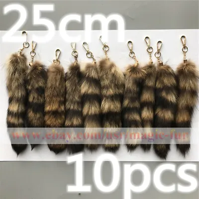 10pcs Natural Real American Raccoon Tail Fur Keychain Tassel Bag Tag Charm • $23