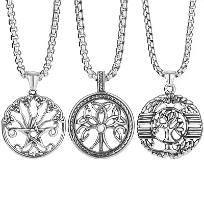 Men's Wiccan Pentagram Tree Of Life Pendant Celtic Knot Stainless Steel Necklace • $10.99