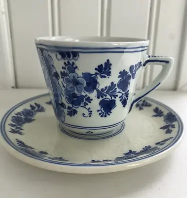 Delft Blue Hand Painted Sailboats Floral Tea Cup & Saucer • $14.99