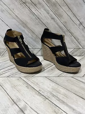 Michael Kors Espadrille Berkley Women Black Denim Wedge Platfrom Sandal Sz 8.5M • $37.78