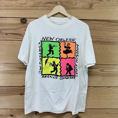 Vintage New Orleans T Shirt Large Cream Green Pink French Quarter Jazz 90 B17 • $17.49