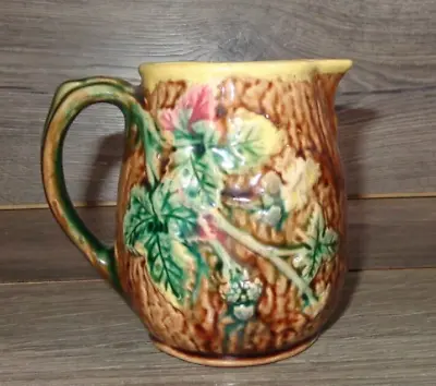 Antique Majolica Pitcher Flower And Leaves On Tree Bark  4-1/4  • $39.99