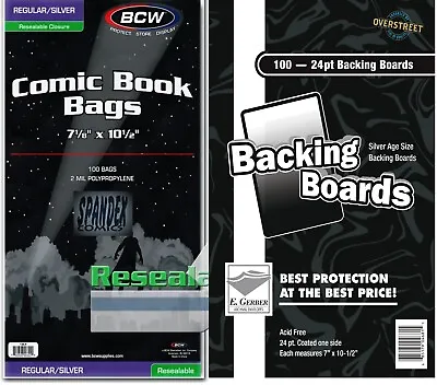 100 Silver Age BCW 2 Mil Resealable Comic Book Bags & E Gerber Backing Board Set • $25.99