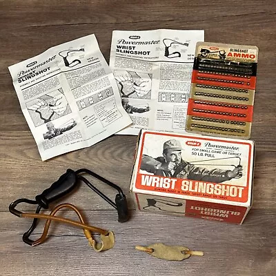 Vintage 1971 Wham-O Powermaster Wrist Slingshot 713 Ammo Extra Leather Pouch MIB • $79