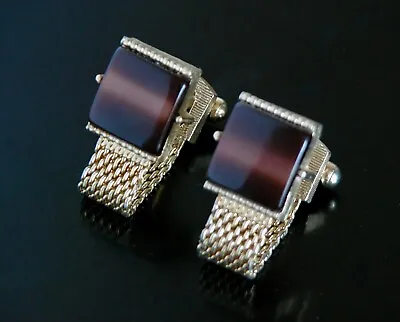 Vtg 70s Cufflinks 2-Tone Brown Holiday Gold Tone Mesh Retro Wrap Around Chunky • $20