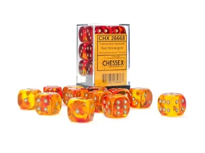 Chessex Gemini Translucent Red With Yellow/Gold 12 Dice Set - 6 Sided 16mm D6 • $10.99