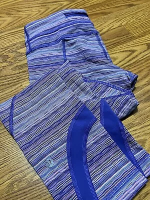 Lululemon Run Inspire Crop Leggings Women’s Size 4 Purple Striped Yoga Pocket • $14.99