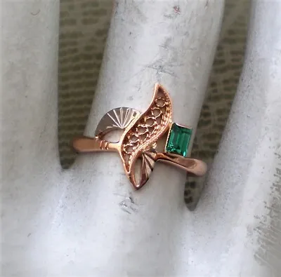 Vintage Solid 14K Rose Pink White Gold Diamond Cut Emerald Filigree RING • $395