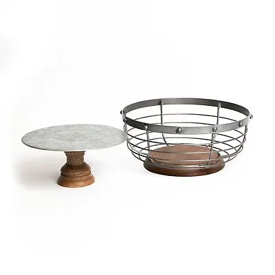 Industrial Kitchen Mango Wood Footed Cake Stand And Wire Fruit Basket Set • £35.49