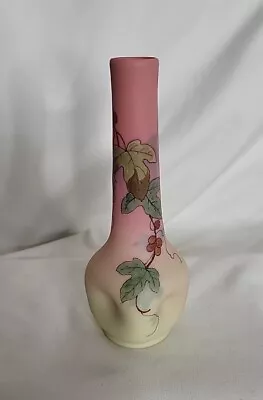 Antique Mt Washington/Thomas Webb & Sons Hand Painted Burmese 6  Vase Leaf/Berry • $249.99