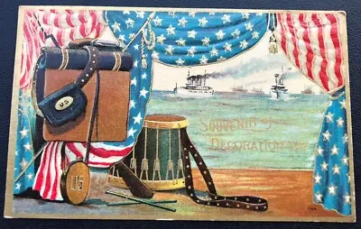 Decoration Day US Flag Drum Ships Memorial Patriotic Vintage Postcard EE14 • $10