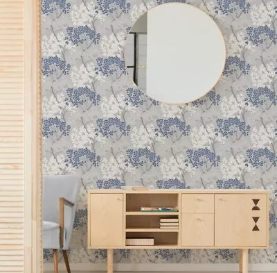 Fresco Lykke Tree Grey & Navy Floral Wallpaper (52cmX 10m) • £13.95