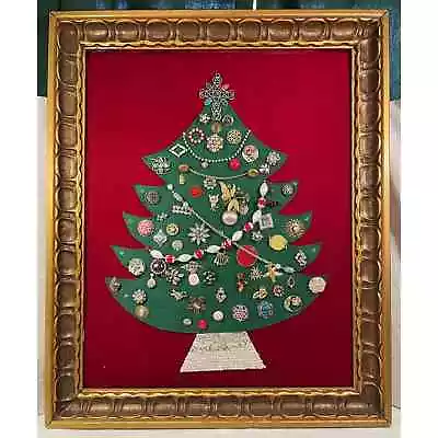 Vintage Framed Costume Jewelry Christmas Tree Handmade Wall Hanging • $79