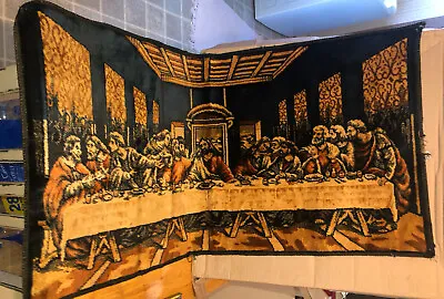 Antique  19 1/4  X 38  Jesus Last Supper ￼Wall Hanging Woven Italy Tapestry • $38