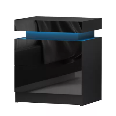 Artiss Bedside Tables Side Table Drawers RGB LED High Gloss Nightstand Black • $74.73