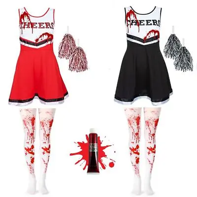 Girls Cheerleader Dress Blood Tights Dead Zombie High School Fancy Dress Costume • £18.45