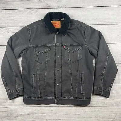 Levi's Trucker Denim Jacket Mens Size Large Black Sherpa Lined Snap Fleece L • $54.99