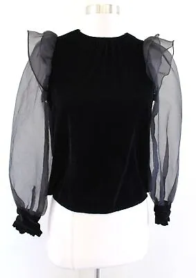 NWT Zara Black Velvet Sheer Mesh Puff Sleeve Ruffle Top Blouse Size XS Party • $29.99