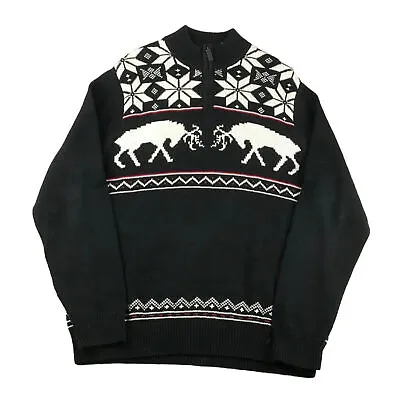 Chaps Sweater Mens Large Black Fair Isle Moose Cotton 1/4 Zip Mock Neck Pullover • $23.86