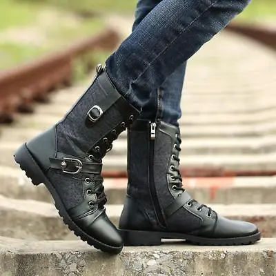 Chic Fall Men's Punk Military Buckle Lace Up Mid-calf Boots Knight Shoes Zipper • $36.35